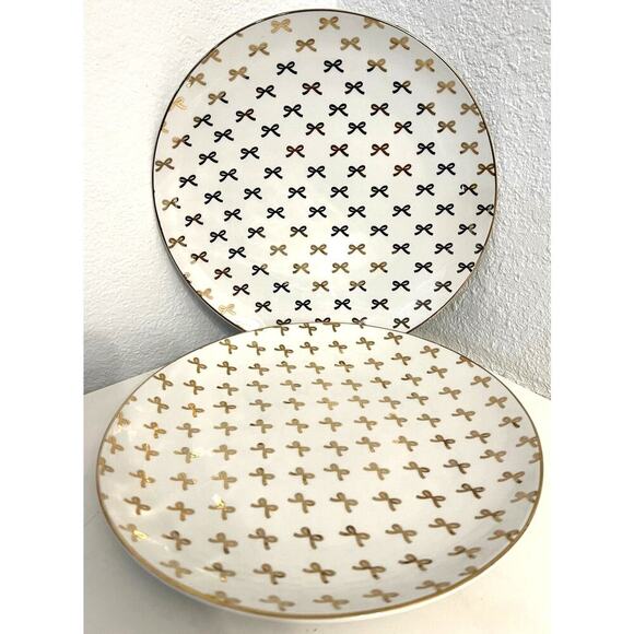 GOLD BOWS White Set of 2 Dinner Plates Viral Coquette 10" Ceramic Tiktok - Picture 1 of 4